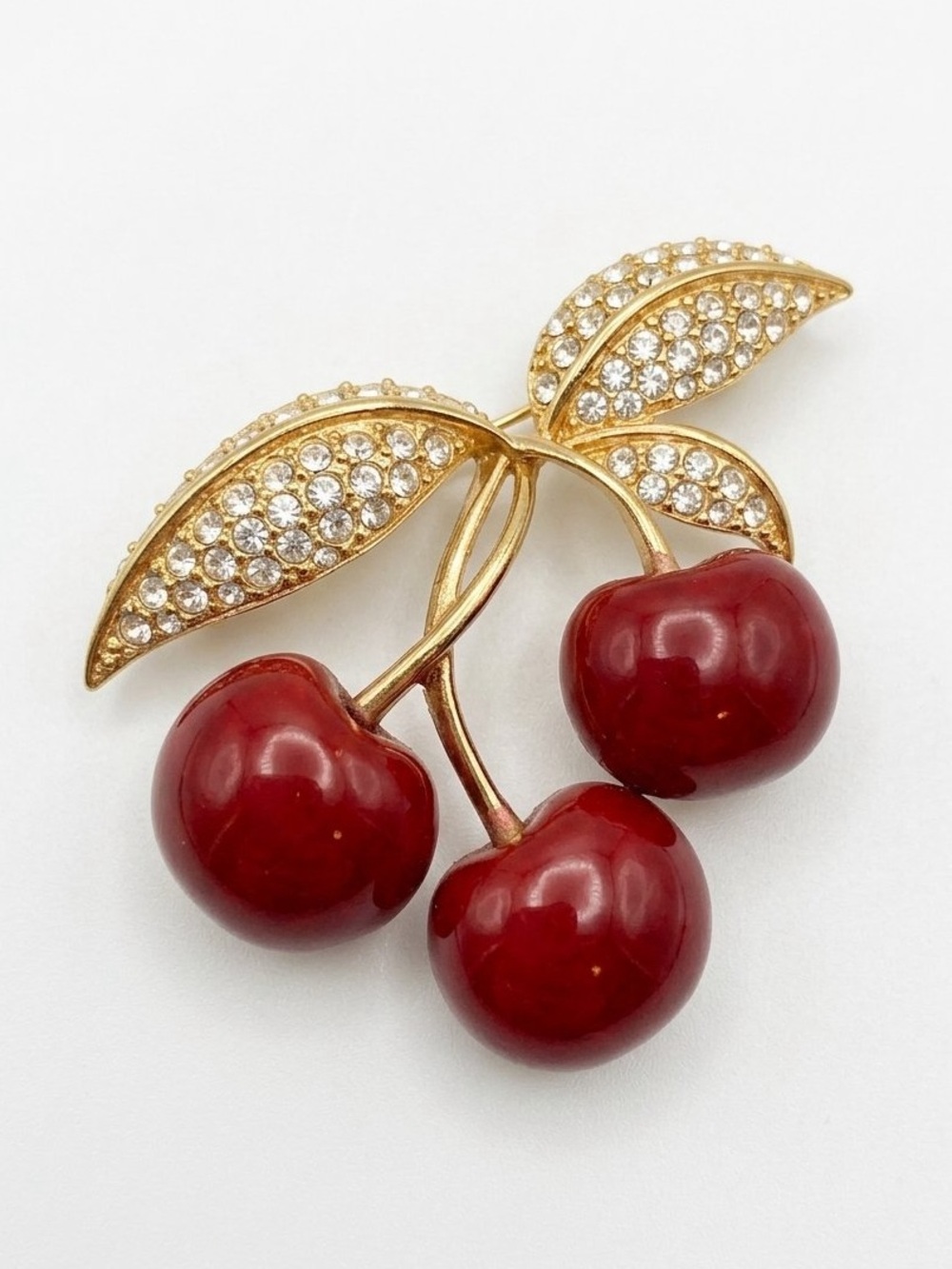 Signed Vintage Joan Rivers Red Cherry Brooch Pin Rhinestone Gold Tone